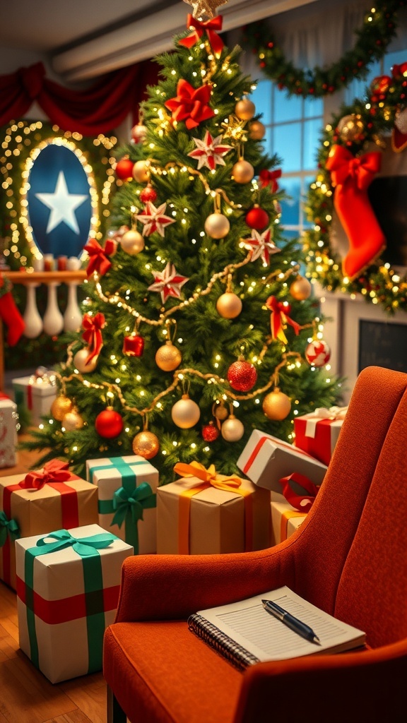 A decorated Christmas tree with gifts underneath and a notepad for gift planning.